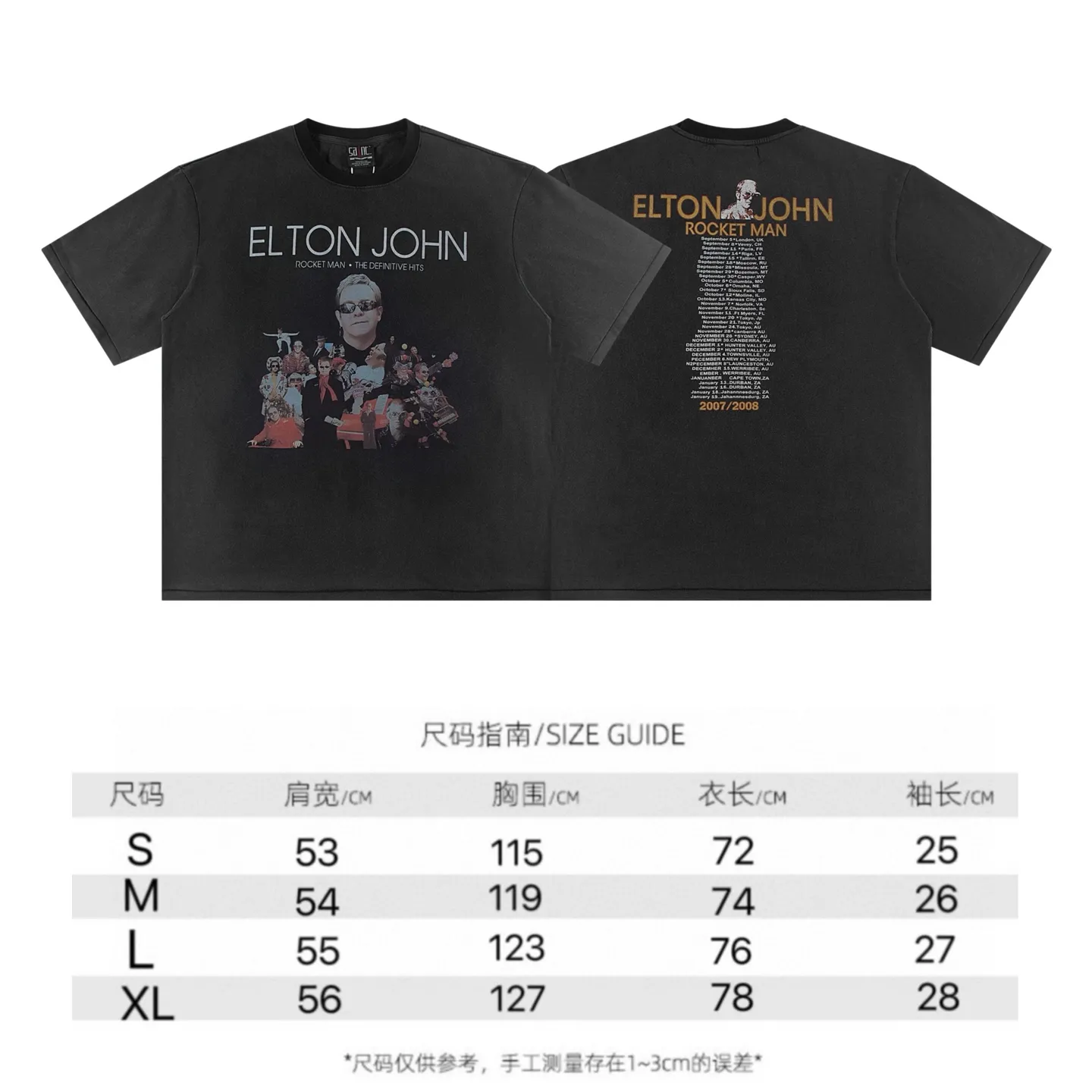 ♻️Style number: 875 P136 Washed T Vintage SAINT MICHACL x band theme print vintage short-sleeved high street washed distressed short-sleeved white ink direct-jet print Elton John Rocket man tour shirt-2007 High-density 280g pure cotton Comfortable feel and stiff silhouette Size: (S-M-L-XL) Color: Washed black
